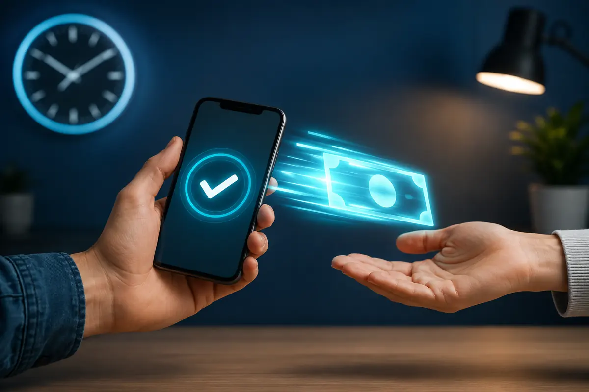 Smartphone with an approval check sending money to an open hand, e-transfer payday loans Canada 24/7