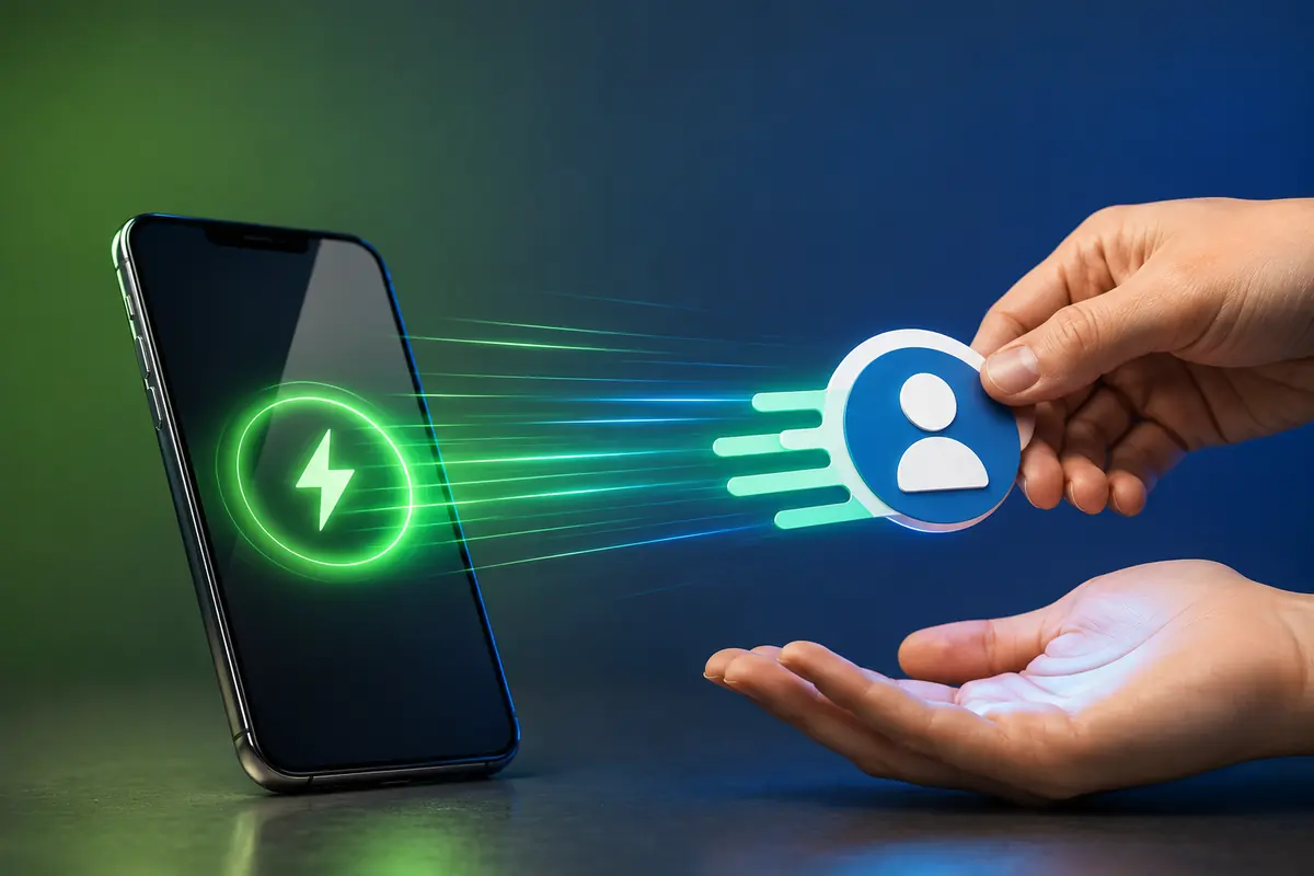 Phone sending a fast transfer to a recipient's open hand, fast payday loans Canada