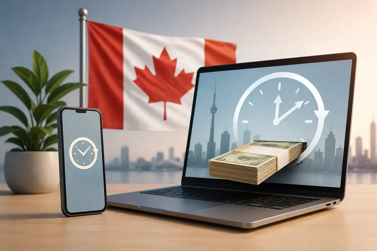 Laptop and phone showing a clock and banknotes in front of a Canadian flag, no refusal payday loans Canada 24/7
