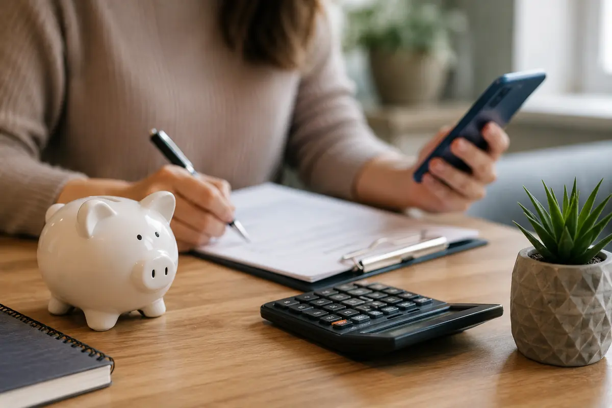 Person filling in a form with a phone, piggy bank and calculator nearby, ODSP payday loans Canada