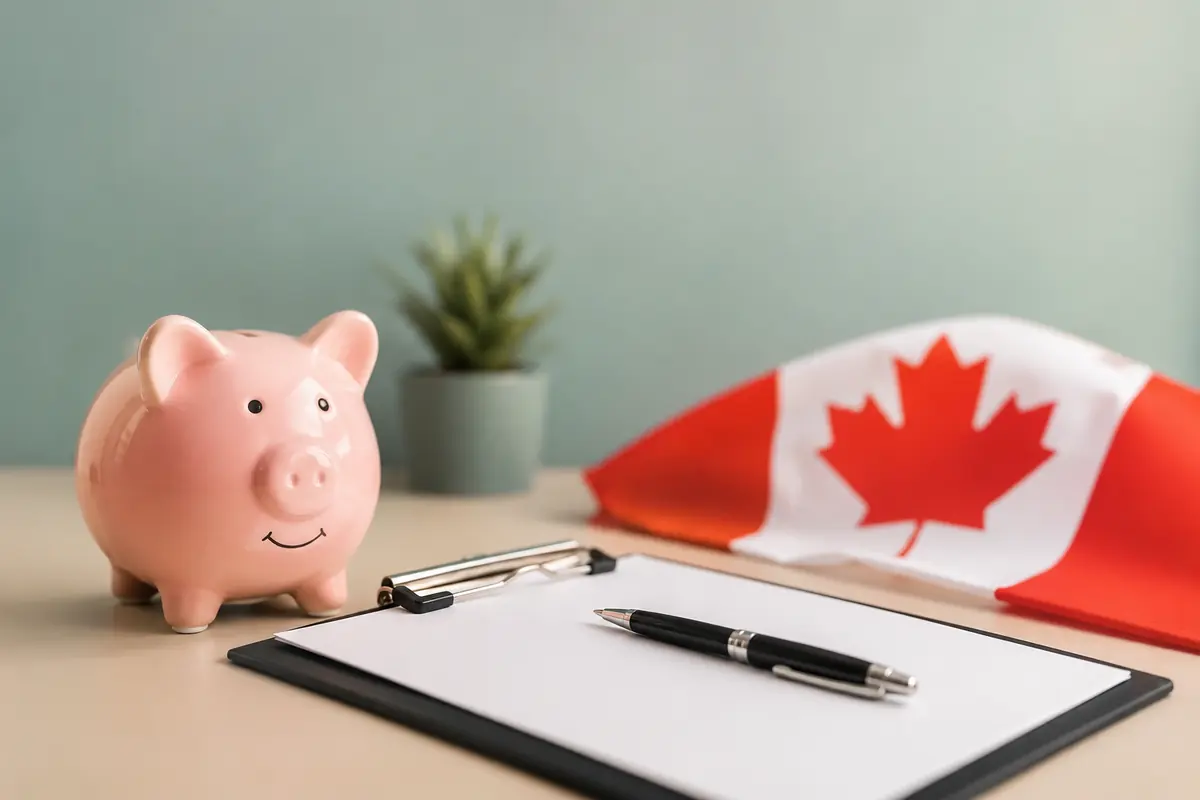 Piggy bank and clipboard beside a Canadian flag for comparing online payday loans Canada