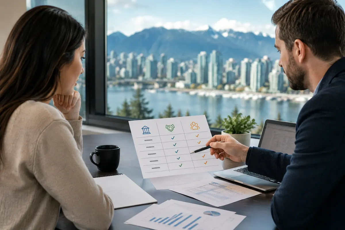 Two people reviewing a comparison chart in an office overlooking Vancouver, payday loans BC Canada