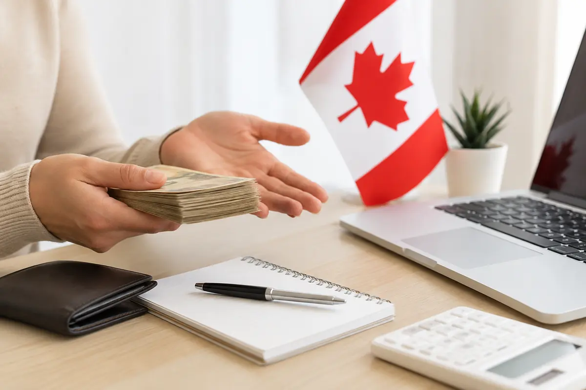 Cash handed over a desk next to a laptop, calculator and Canadian flag, illustrating payday loans Canada