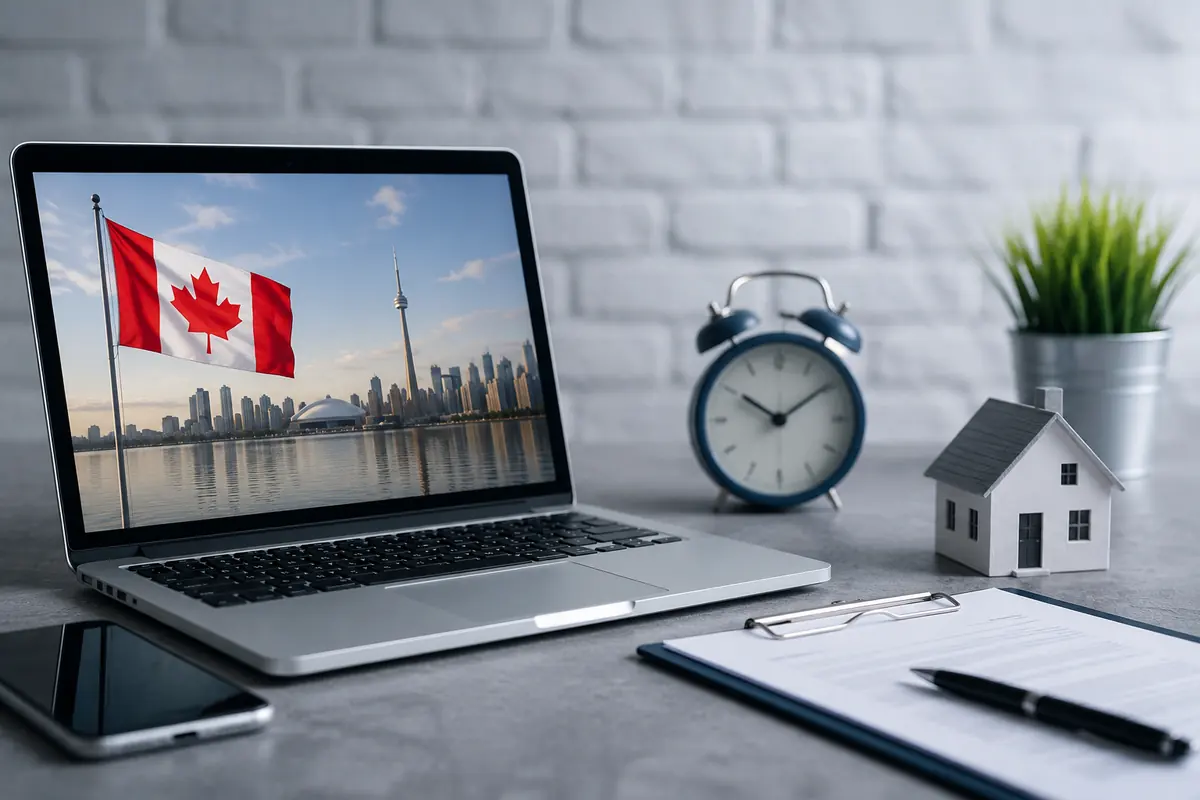 Laptop with a Canadian city skyline, alarm clock and clipboard on a desk, payday loans Canada no credit check