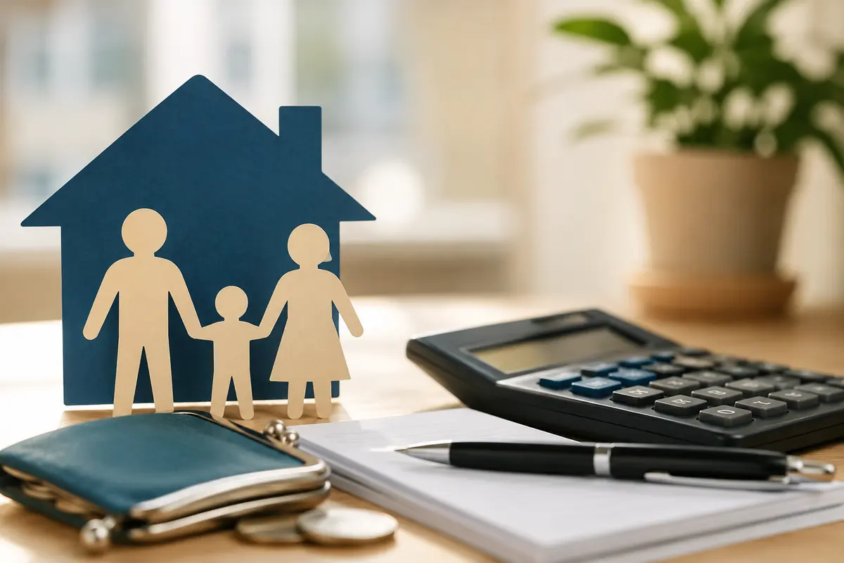 Paper house with a family cut-out, wallet and calculator, payday loans with government benefits Canada