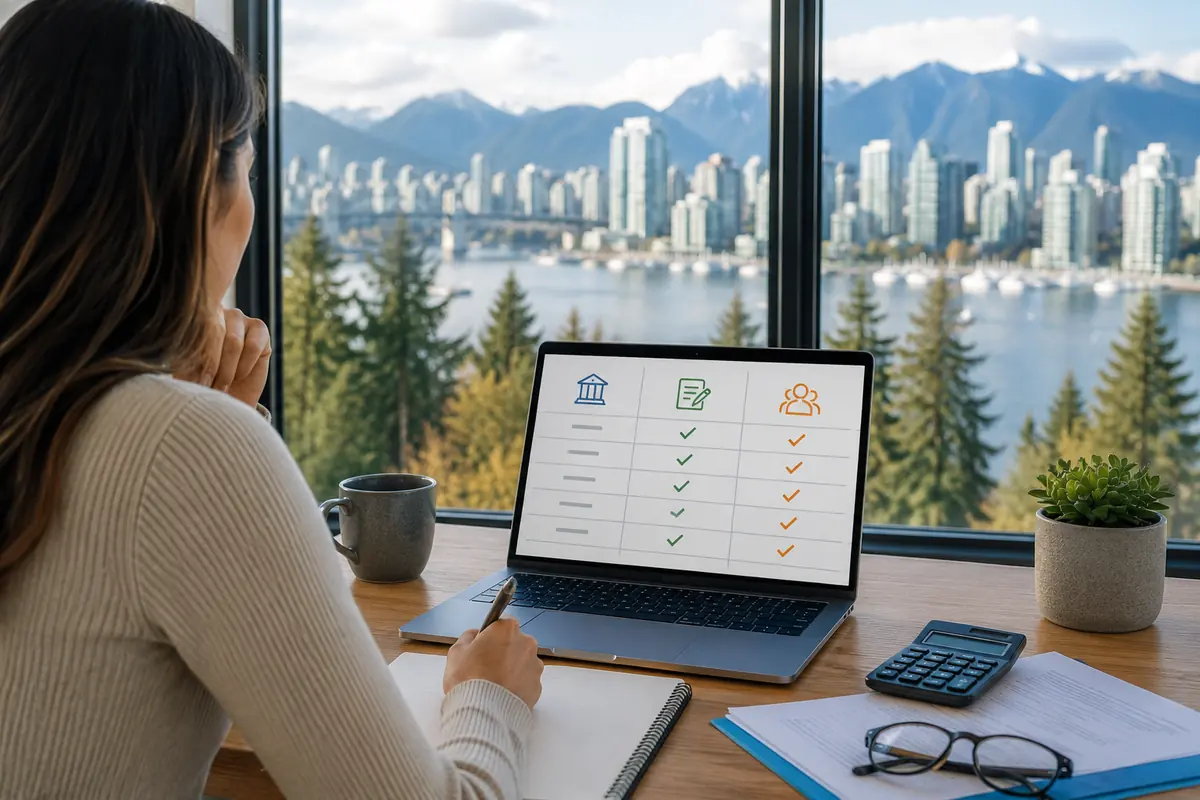 Woman comparing options on a laptop with the Vancouver skyline behind her, payday loans Vancouver