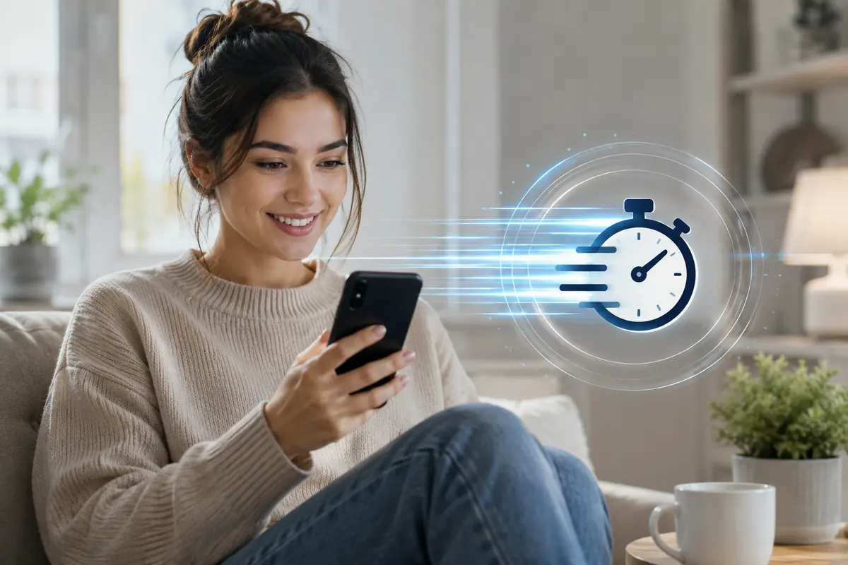 Woman at home checking her phone next to a stopwatch icon, quick payday loans Canada