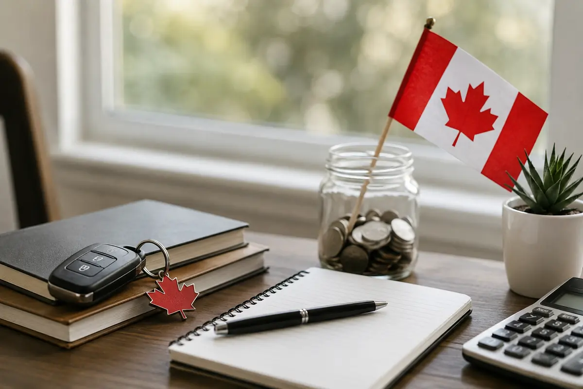Coin jar, car keys, notebook and calculator on a desk while planning small payday loans Canada